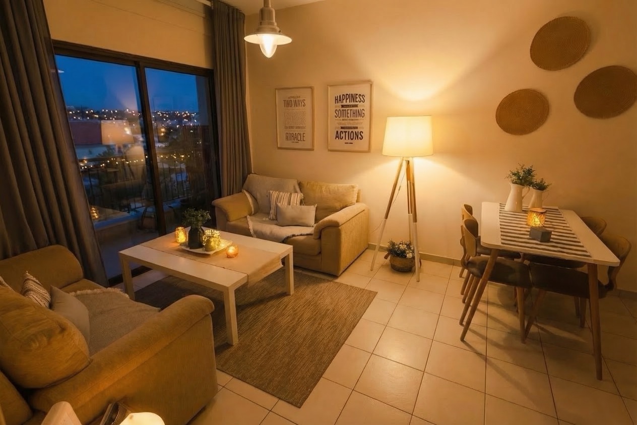 Living room at night with warm ambient lighting